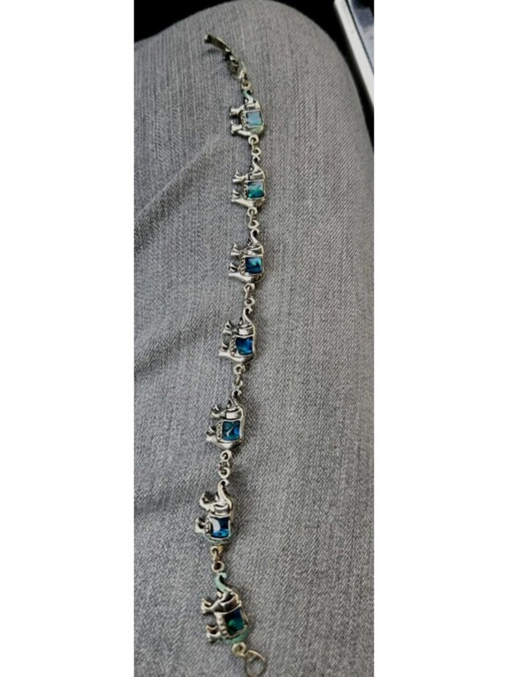 Silvertone Elephant Link Bracelet with Blue Abalone Shell Inlay Boho Jewelry7.5"